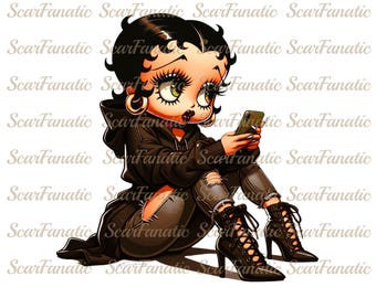 Betty Boop in braunem Kapuzenpullover, zerrissene Jeans, High Heel Stiefel, Sublimation, PNG, DTF, 300DPI, hohe Auflösung, Kaukasier, Dunkelbraun, Schokolade