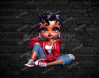 Black Betty Boop in red hoodie, blue jeans, high top canvas sneakers, Sublimation, PNG, DTF, 300DPI, high resolution, African American