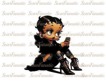 Black Betty Boop in black hoodie, ripped jeans, high heel boots, Sublimation, PNG, DTF, 300DPI, high resolution, African American