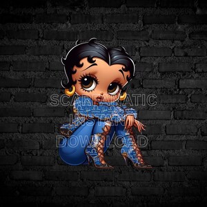 May include: A cartoon illustration of a woman with dark hair and large eyes, wearing a denim jacket and jeans. The image includes the text "SCARFANATIC INSTANT DOWNLOAD". The woman is wearing gold hoop earrings and high-heeled boots.