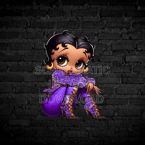 May include: Cartoon illustration of a woman with dark hair and large eyes, wearing a purple outfit with the word "Libra" printed on it. The image is set against a black brick wall background.
