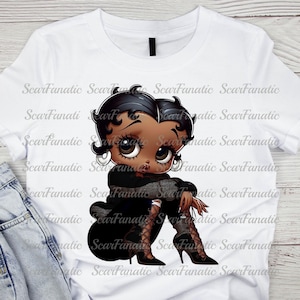 Peut inclure: Une illustration de dessin animé d'un personnage de Betty Boop noire portant une robe noire, des bottes noires et un pull noir. Elle a de grands yeux et une coiffure noire en forme de bob.