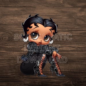 Peut inclure: Illustration de dessin animé d'une femme aux cheveux noirs et aux grands yeux, vêtue d'une tenue noire avec un motif du signe astrologique Balance. Le texte "SCAP FANATIC INSTANT DOWNLOAD" est inclus.