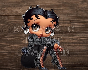 Libra Betty Boop in black and gray denim jacket, black jeans, and high heels, Zodiac Sun Sign, Instant Download PNG, not a physical item