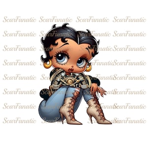 May include: A cartoon illustration of a woman with dark hair, wearing a black jacket with a large clock design, blue jeans, and beige lace-up boots. She is sitting with her legs crossed and her right hand resting on her knee.