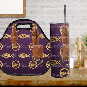 May include: A purple lunch bag and a purple tumbler with a gold fish and "JESUS" design. Both items have brown leather straps.