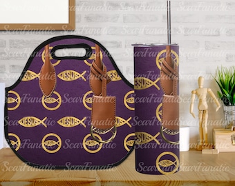 Christian Purple and Gold Leather Purse Look 20oz Skinny Tumbler and Lunch Tote Design Bundle PNG, Jesus Fish, Bible, Religious, God