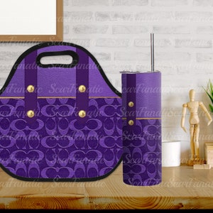 Purple and Gold Denim and Leather Purse Look 20oz Skinny Tumbler and Lunch Tote PNG Design Bundle