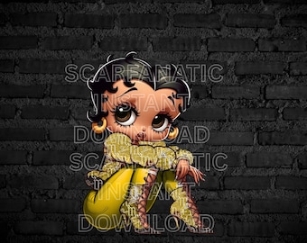 Scorpio Betty Boop in denim yellow and brown jacket, yellow jeans and high heels, Zodiac Sun Sign, Instant Download PNG, not a physical item