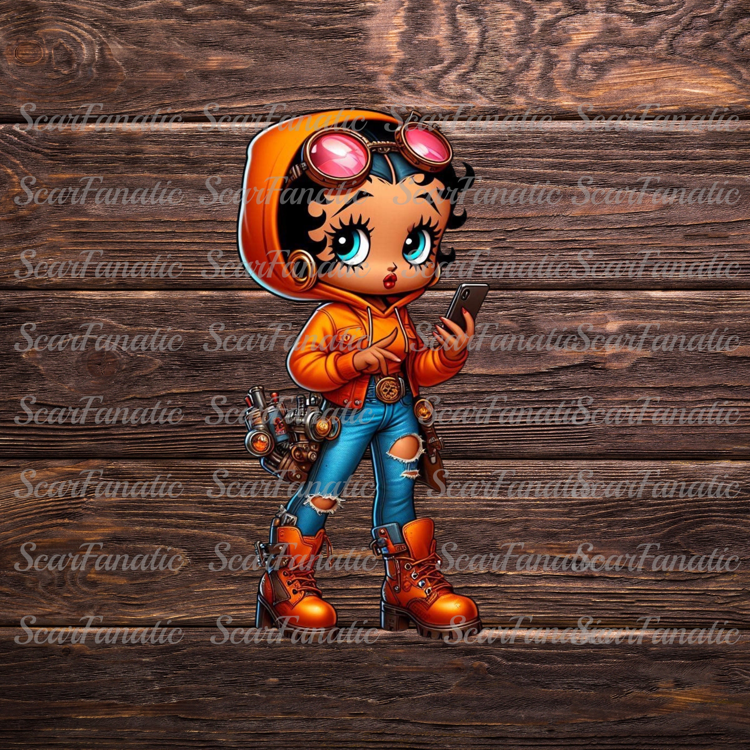Steampunk Betty Boop, Orange Hoodie, Jeans, Boots,sublimation PNG