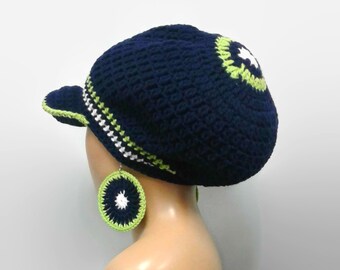 MADE TO ORDER Seattle Seahawks colors Beanie/Tam with free matching crochet earrings elastic in edging/ navy blue lime green white