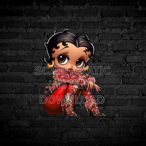 May include: Cartoon illustration of a woman with large eyes, wearing a red outfit with a heart-shaped design and the word "Aries". The image has the text "SCARFATIC INSTANT DOWNLOAD" on a black brick background.