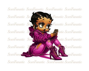 Black Betty Boop in Hot Pink Fuschia hoodie, ripped jeans, high heel boots, Sublimation, PNG, DTF, 300DPI, high resolution, African American