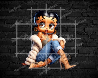 Betty Boop in beige fur coat, blue jeans, high fashion, brown and tan, sitting classy, brown eyes, Sublimation, PNG, DTF, high resolution