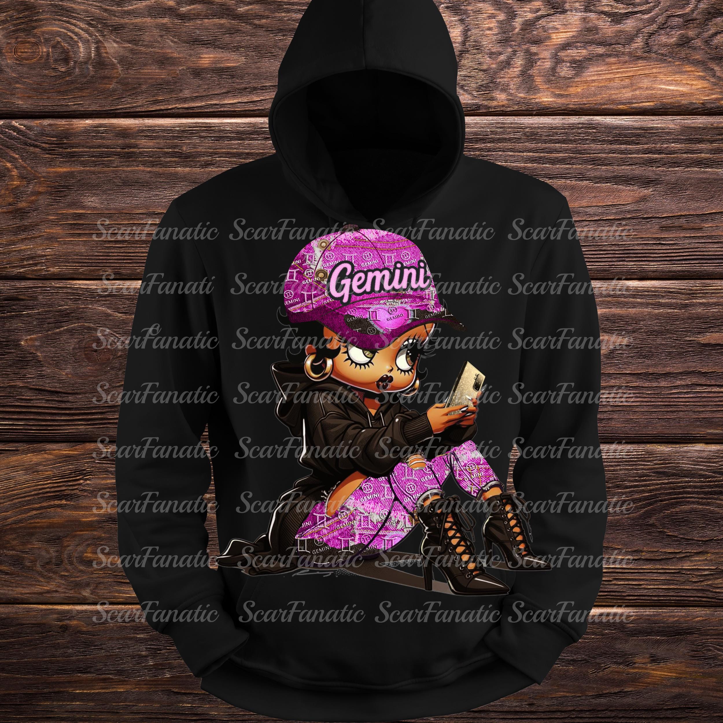 Gemini Betty Boop on Black Hoodie Small to 3XL, Multiple Color