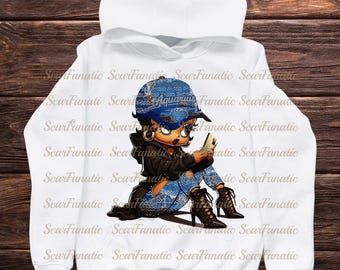 Aquarius African American Betty Boop in denim blue jeans, ball cap, brown hoodie, high heels, Instant Download PNG, not a physical item