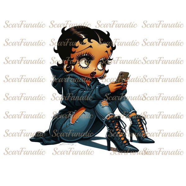 Black Betty Boop in Teal hoodie, ripped jeans, high heel boots, Sublimation, PNG, DTF, 300DPI, high resolution, African American