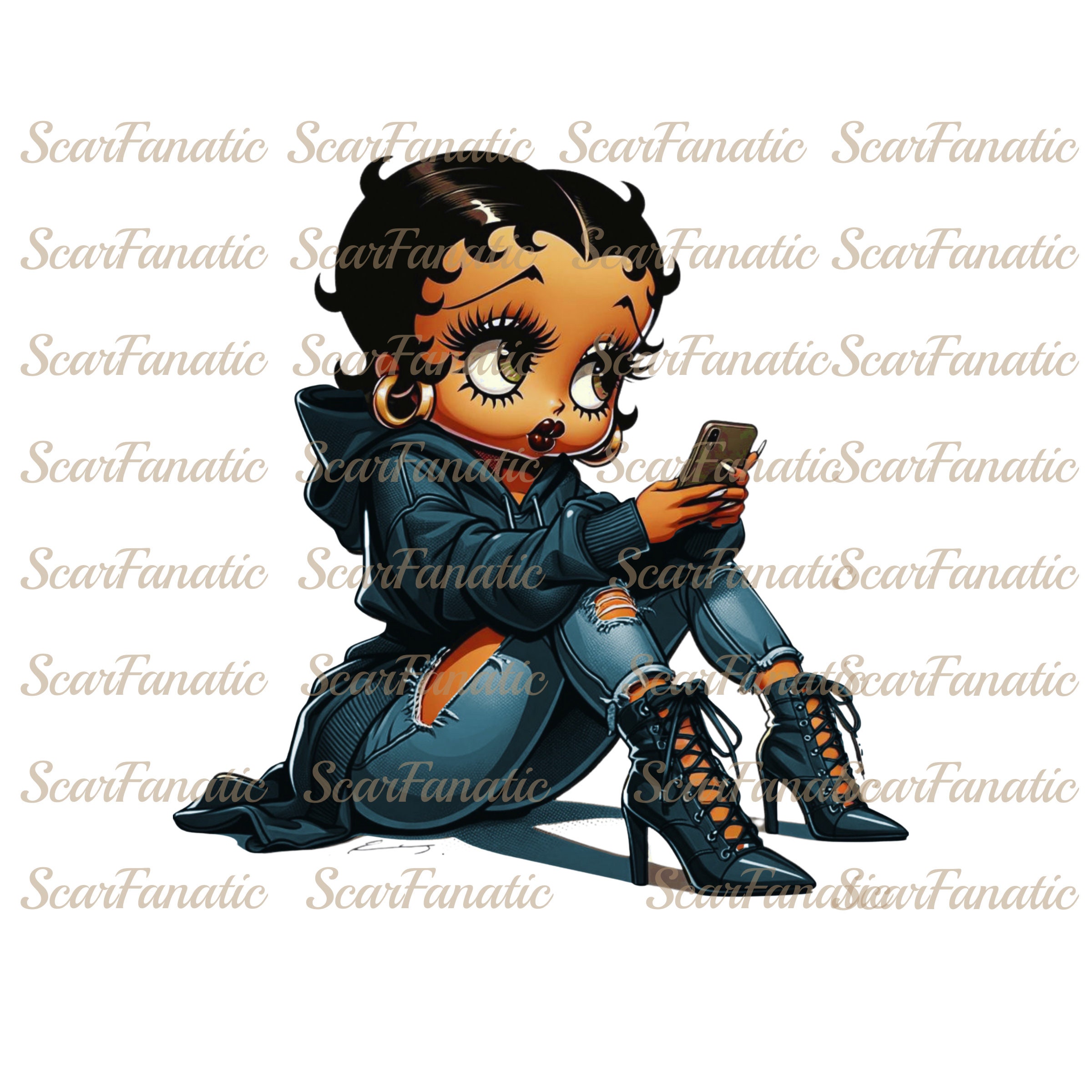 Black Betty Boop in Teal Hoodie, Ripped Jeans, High Heel Boots