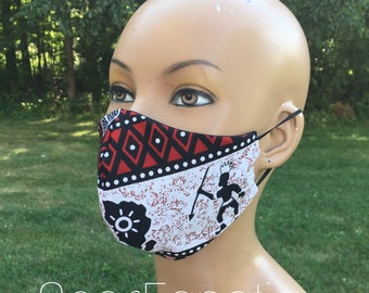 100% Cotton African Print Face Mask/black white maroon tan/ map of Africa and cowrie shells