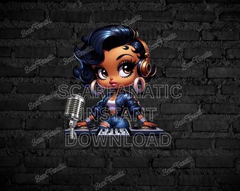 Black Betty Boop, DJ Betty Boop in Blue Jacket, blue jeans, turn tables, headphones, microphone, shades,  PNG, African American, 2 files