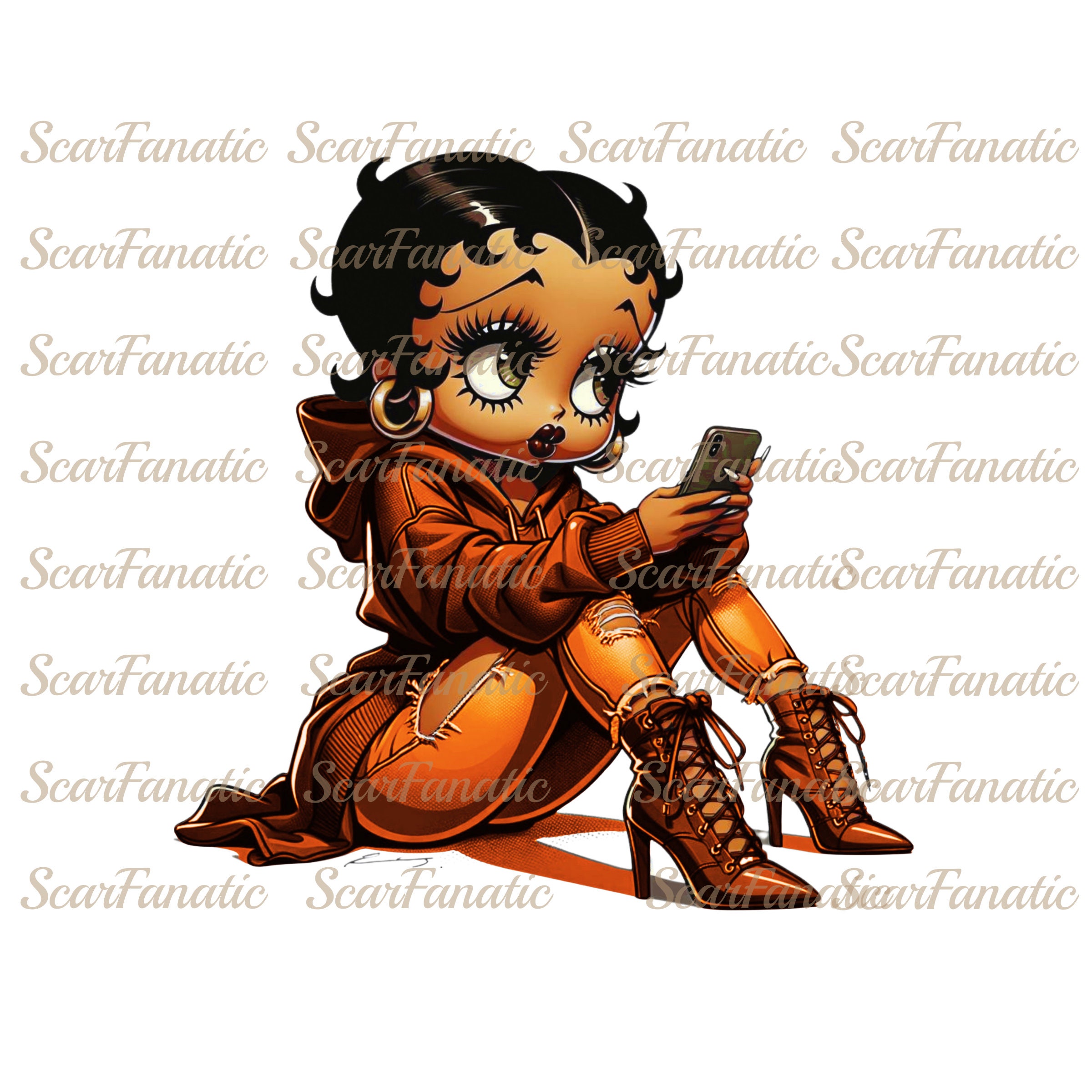 Black Betty Boop in Burnt Orange Hoodie, Ripped Jeans, High Heel