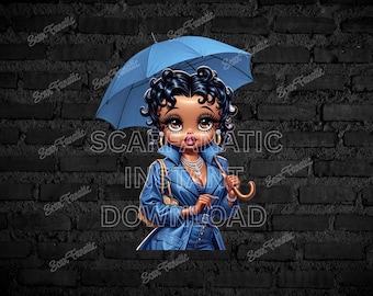Black Betty Boop in blue rain coat holding an umbrella, Black Hair, Classy, Brown Eyes, Sublimation, PNG, DTF, African American