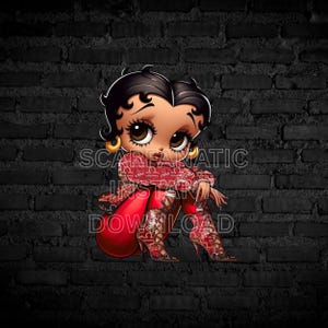 Könnte beinhalten: Cartoon-Illustration einer Frau mit dunklem Haar und großen Augen, die ein rotes Outfit mit einem Waage-Sternzeichenmuster trägt. Das Bild enthält den Text "SCARFANATIC" und "DOWNLOAD" auf einem schwarzen Backsteinhintergrund.