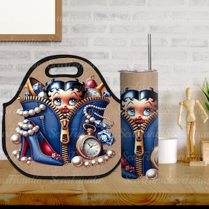 Denim Leather and Canvas Betty Purse Look 20oz Skinny Tumbler Lunch Tote T-Shirt Design PNG Bundle Gold Zipper Pearls Blue Red Tan