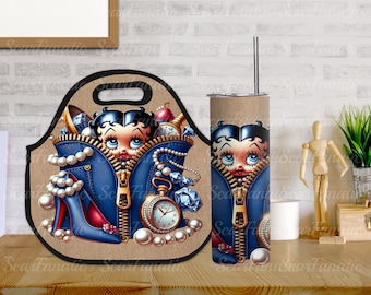 Denim Leather and Canvas Betty Purse Look 20oz Skinny Tumbler Lunch Tote T-Shirt Design PNG Bundle Gold Zipper Pearls Blue Red Tan