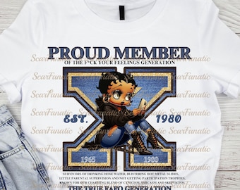 Generation X Betty Boop White t-shirt available up to size 3XL, Denim Blue and White or Denim Blue and Gold, FAFO