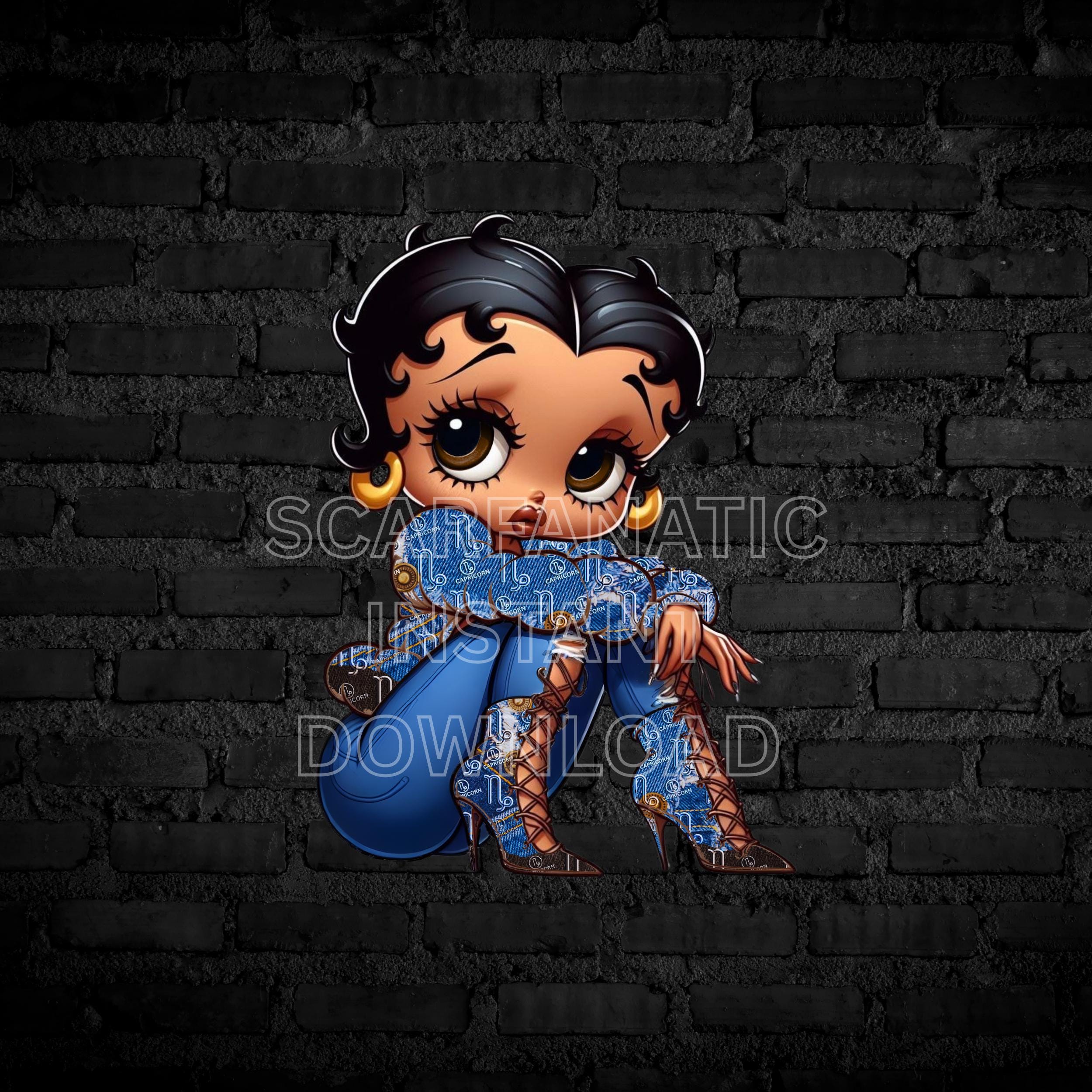 Capricorn Betty Boop in denim blue and brown jacket, blue jeans, and high  heels, Zodiac Sun Sign, Instant Download PNG, not a physical item