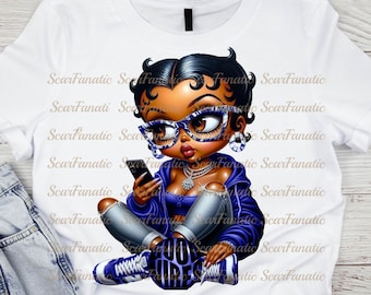 May include: A cartoon illustration of a woman with dark skin, wearing a blue jacket, blue jeans, and white sneakers. She is holding a smartphone in her hand and has a large diamond necklace on. The text "Good Vibes" is printed on the bottom of the image.