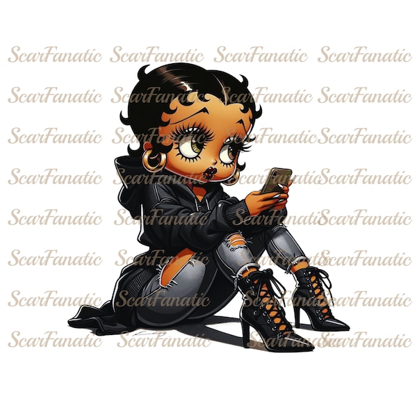 Black Betty Boop in gray and black hoodie, ripped jeans, high heel boots, Sublimation, PNG, DTF, 300DPI, high resolution, African American