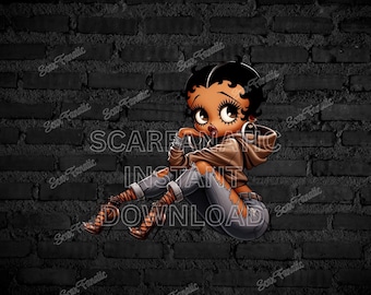 Black Betty Boop in tan hoodie, blue ripped jeans, high heel boots, sitting pretty, silver earrings, Sublimation, PNG, DTF, African American