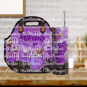 May include: A purple lunch bag and tumbler set featuring a denim-like pattern with the word "Virgo" and the Virgo zodiac symbol. The set includes a lunch bag with brown handles and a tumbler with a silver straw.