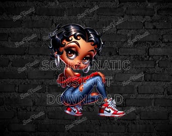 Black Betty Boop in red shirt, ripped blue jeans, red sneakers, classy pose, Sublimation, PNG, DTF, high resolution, African American