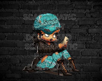 Black Betty Boop in denim aqua blue Scorpio hat, aqua Scorpio jeans, Brown hoodie, brown heels, Instant Download PNG, not a physical item