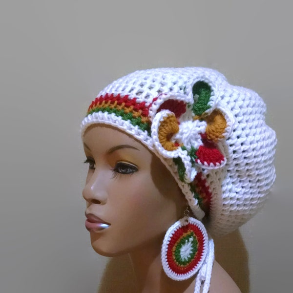 Instant Download Crochet Pattern adjustable Slouch hat/Dreadlock hat/Tam with drawstring with FREE flower clip pattern