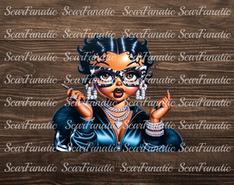 May include: A digital illustration of a stylish woman with dark hair, glasses, and jewelry. She wears a blue jacket and holds a cigarette. The background is a wood grain pattern with the text "ScarFanatic" repeated.