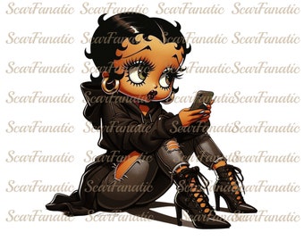 Black Betty Boop in brown hoodie, ripped jeans, high heel boots, Sublimation, PNG, DTF, 300DPI, high resolution, African American