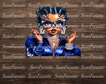 May include: A cartoon illustration of a woman with dark hair and blue eyes wearing a blue jacket, a diamond necklace, and large sunglasses. She is holding a cigarette in one hand and has a sassy expression on her face.