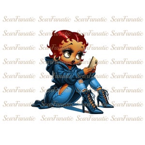 Black Betty Boop in Carolina blue hoodie, ripped jeans, high heel boots, red hair, Sublimation, PNG, DTF, high resolution, African American
