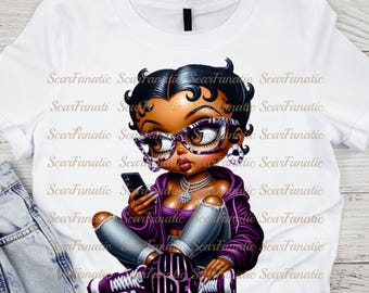 May include: A cartoon illustration of a woman with purple and white clothing, wearing glasses and holding a phone. The text "Good Vibes" is printed on a white circle in the foreground.