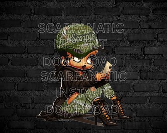 Black Betty Boop in Forest Green denim Scorpio hat, Scorpio jeans, Brown hoodie, brown heels, Instant Download PNG, not a physical item