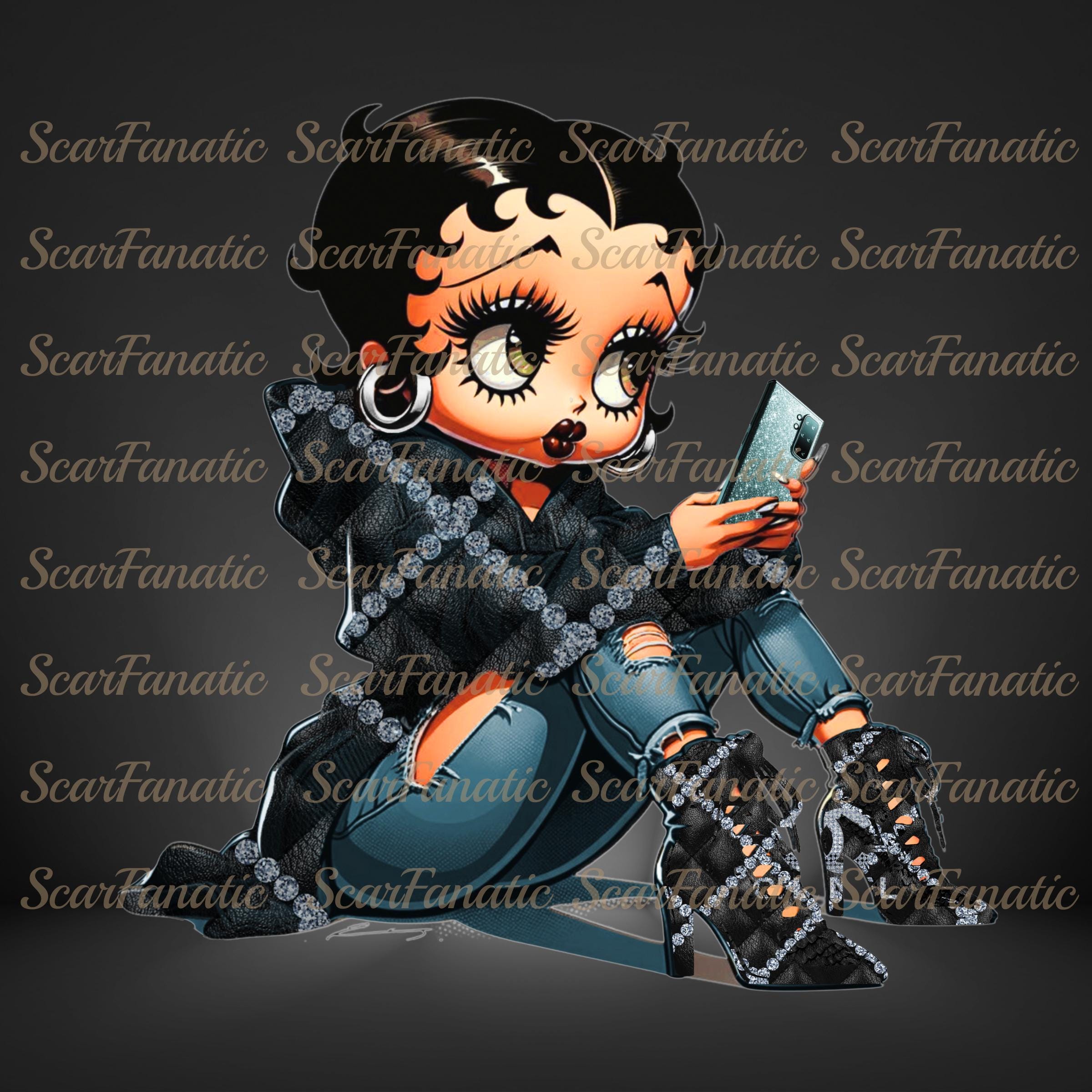 Betty Boop in Teal and Black Leather Hoodie, Teal Ripped Jeans