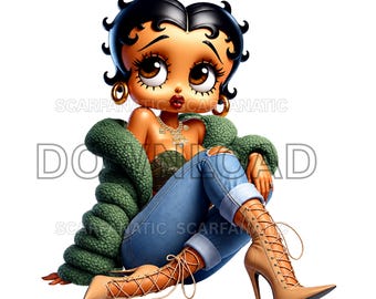 Betty Boop in green fur coat, green and brown shirt, blue jeans, high fashion, classy, brown eyes, Sublimation, PNG, DTF, OOAK, high quality