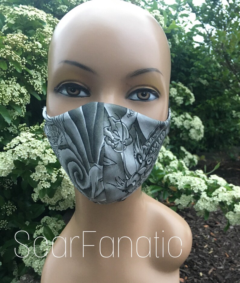 100 Cotton Japanese Dragon Face Mask/ Black And Gray/ MADE IN Etsy