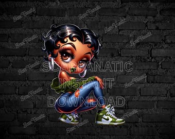 Black Betty Boop in green shirt, ripped blue jeans, green sneakers, classy pose, Sublimation, PNG, DTF, high resolution, African American