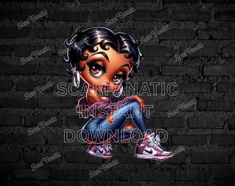 Black Betty Boop in mauve pink shirt, ripped blue jeans, sneakers, classy pose, Sublimation, PNG, DTF, high resolution, African American