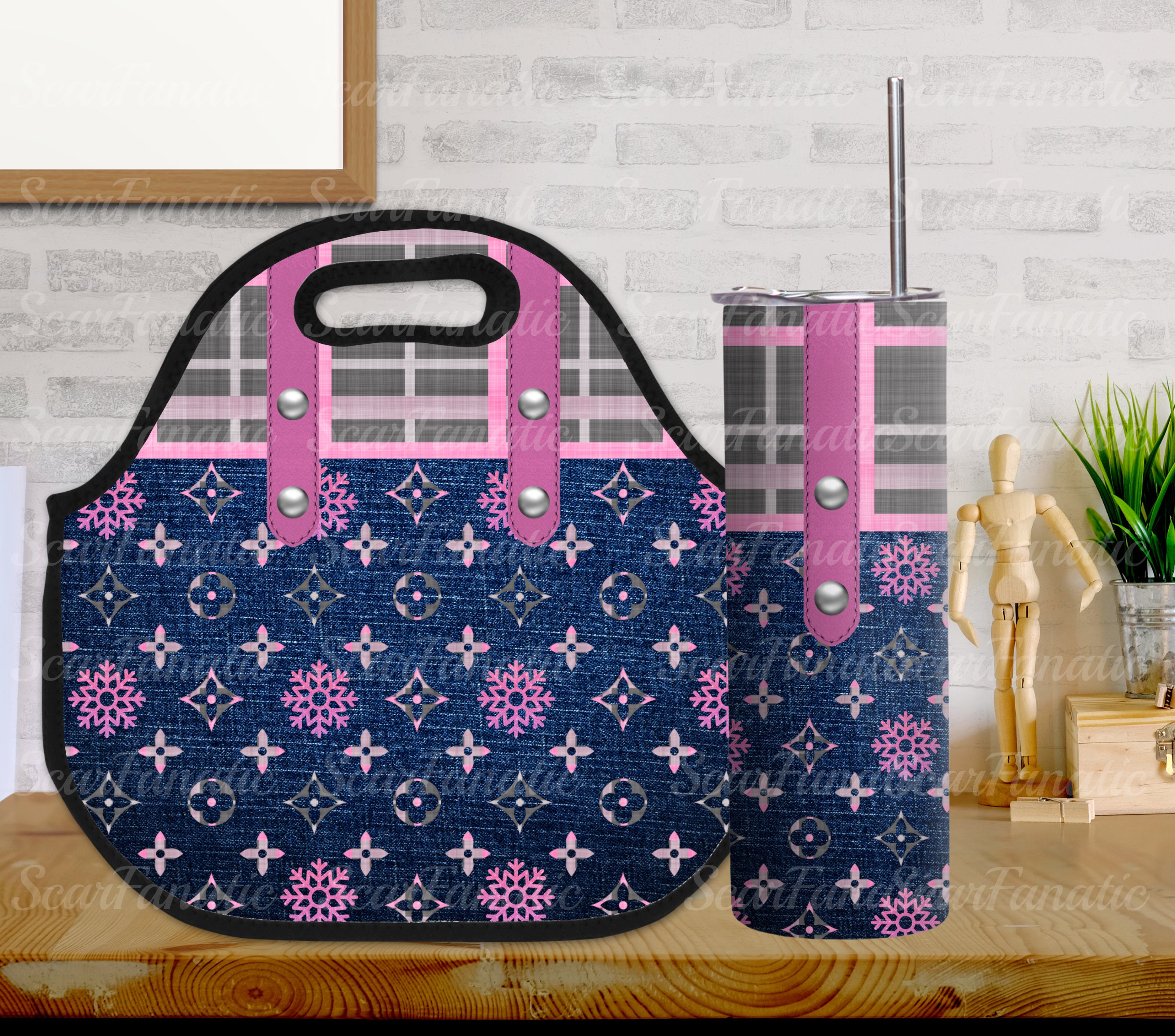 Pink Plaid Blue Denim and Leather Purse 20oz Skinny Tumbler and Lunch Tote Design PNG Instant Download Bundle 2 for 1